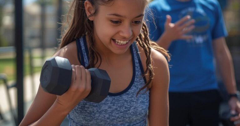 Teen girl doing dumbbell curl during outdoor strength training session in San Diego with coach in background